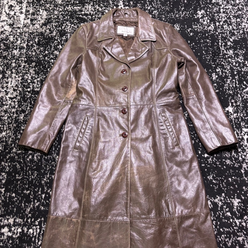 Wilsons Leather Maxima Vintage Y2K Brown Leather Long Trench Coat Belted Large